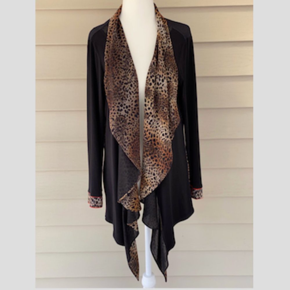 Verda Open Front Draped Cardigan Jeweled Animal Print Black Size EU46/US12